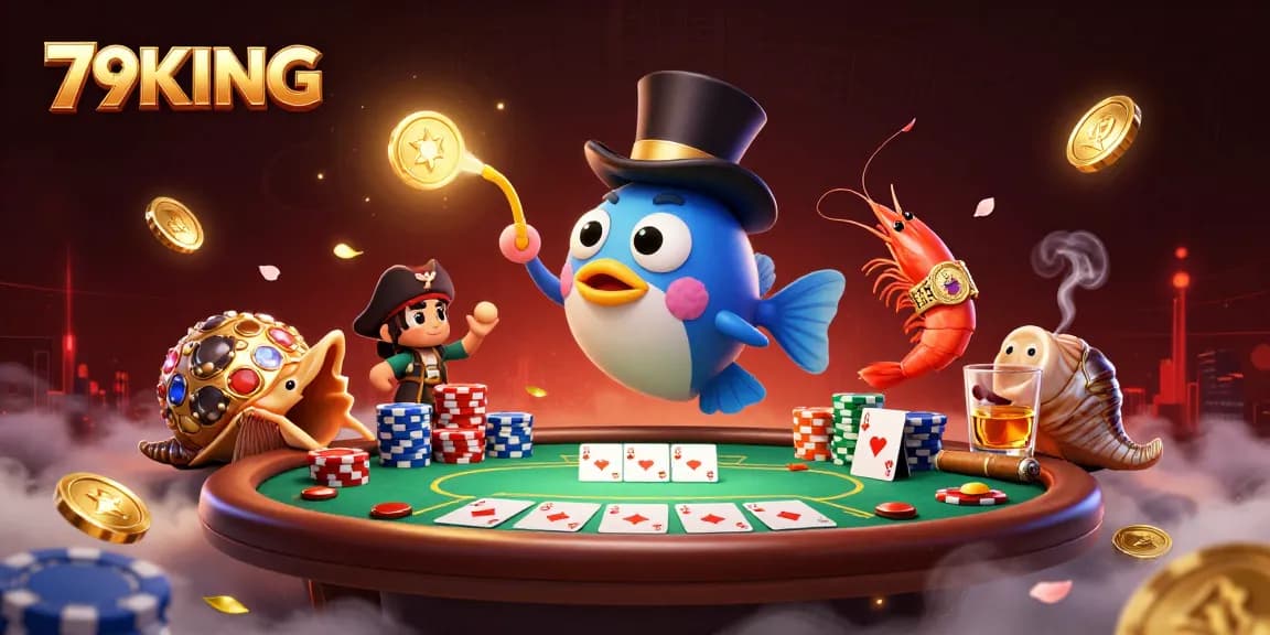 Engage in thrilling games at 79KING, where a deep-sea anglerfish attracts golden coins amidst poker elements in a vibrant underwater casino.