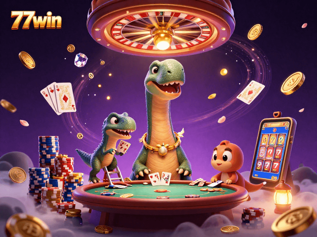 Experience thrilling gameplay at 77win with captivating casino scenes featuring dynamic card dealing and sparkling gems.