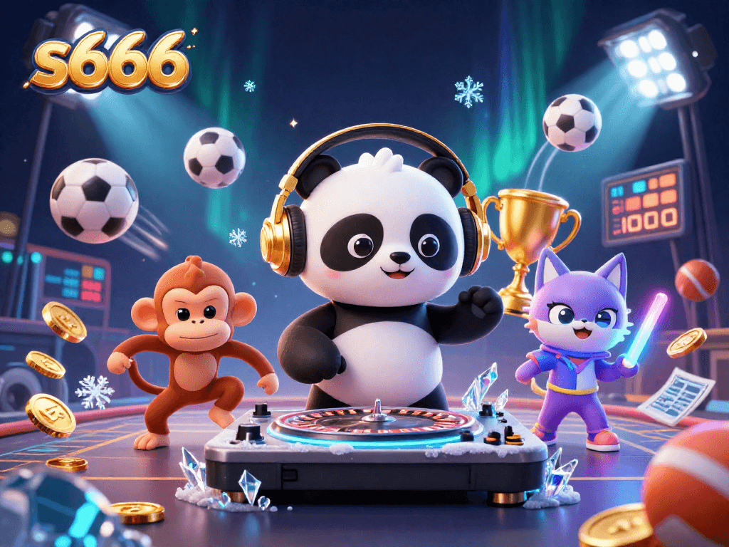Experience thrilling gameplay at s666 with a lively DJ panda, dancing monkey, and vibrant kitten.