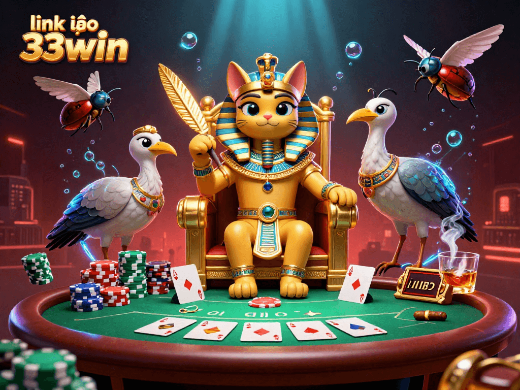 Link vào 33win captures an Egyptian pharaoh cat in a vibrant casino scene full of poker excitement.