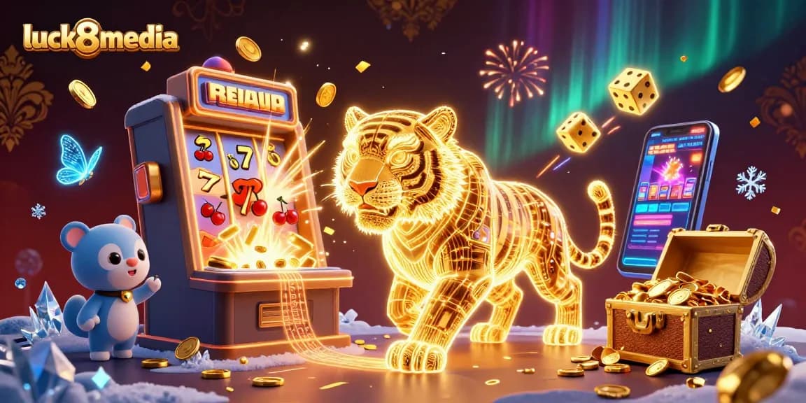 Engage with luck8media's thrilling casino atmosphere featuring a neon tiger amidst dynamic gaming elements.