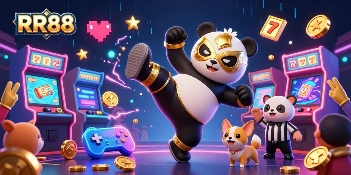 RR88 showcases a dynamic 3D wrestling panda in a casino-themed scene filled with vibrant game elements.