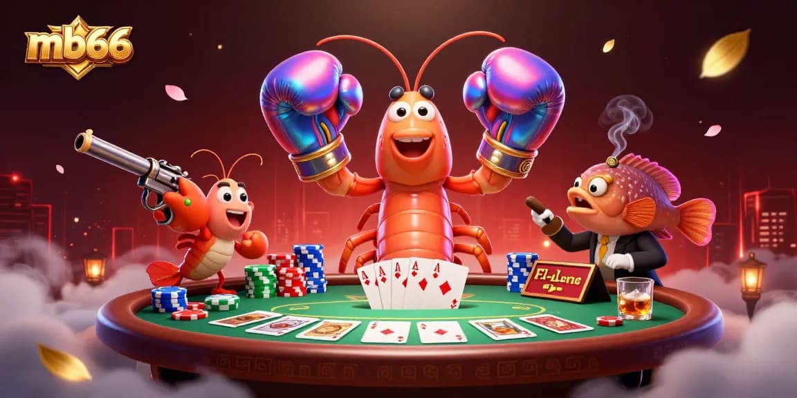 Experience thrilling poker action with mb66, featuring colorful poker chips and animated shrimp characters.