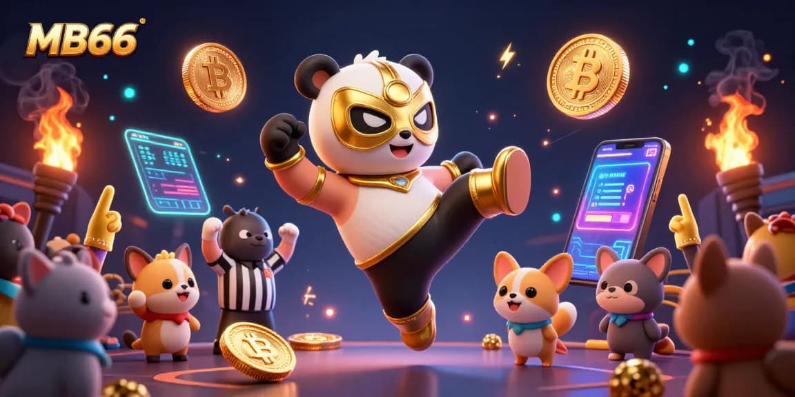 Experience the thrill of MB66 gaming as the panda wrestler kicks, surrounded by crypto coins and cheering crowd.