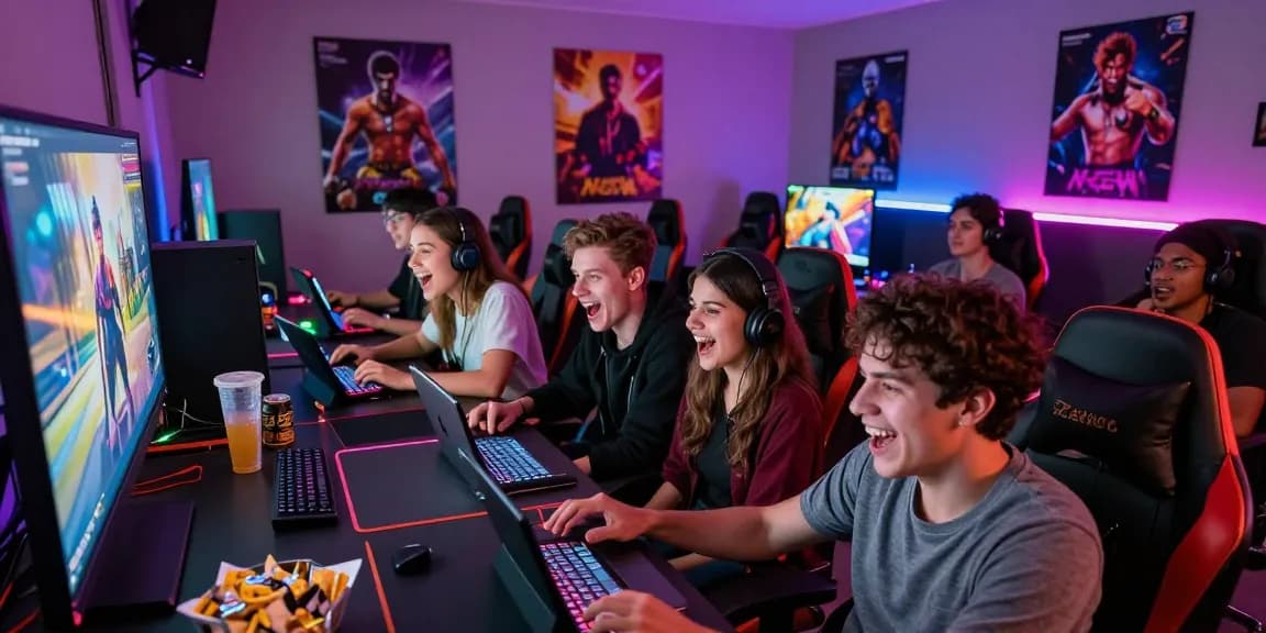 Engaged group playing porn games online in a vibrant gaming room.