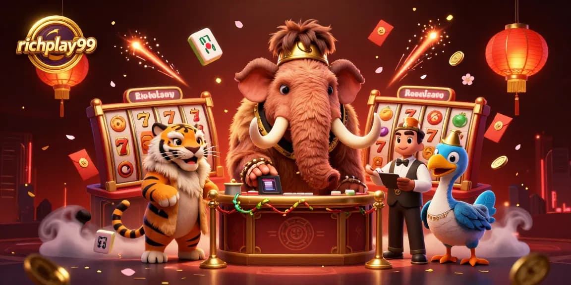 Experience thrilling games with richplay99, featuring exciting slot reels and playful characters.