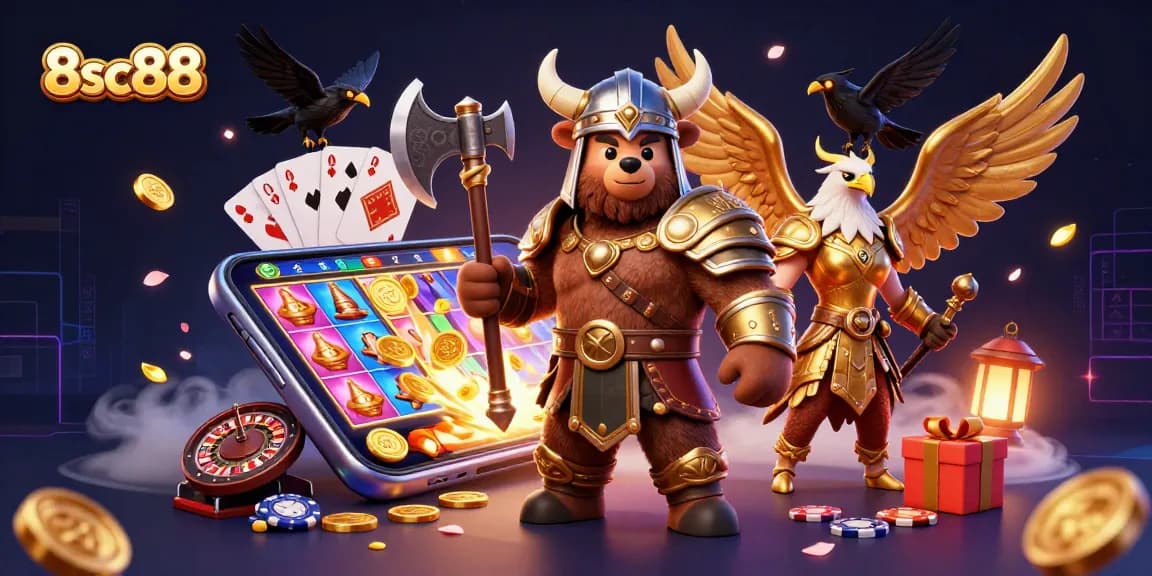 Experience the thrilling 8sc88 casino with cartoon Viking and Valkyrie amid vibrant game elements and gold coins.
