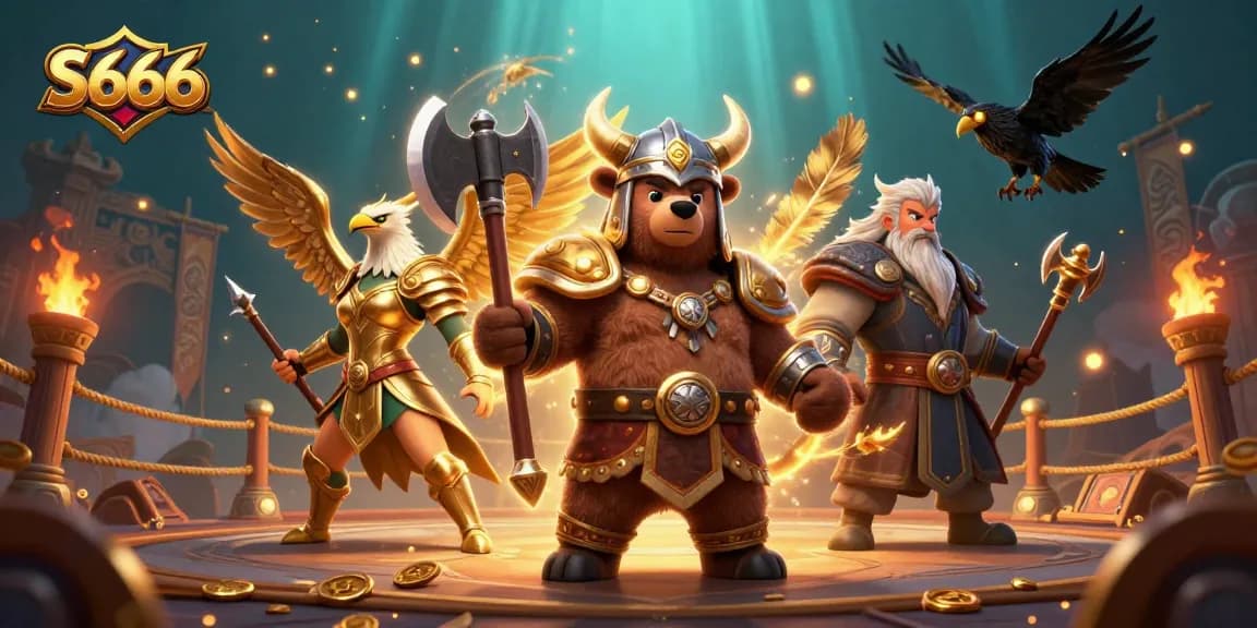S666 gaming action scene with a Viking bear and Valkyrie eagle amidst gold coins and dynamic elements.