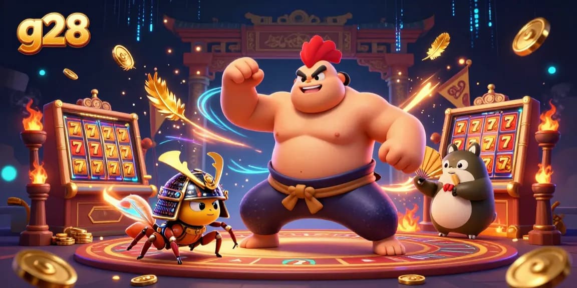 g28 casino adventure with powerful sumo rooster, fierce cricket, and tanuki announcer amid slot reels