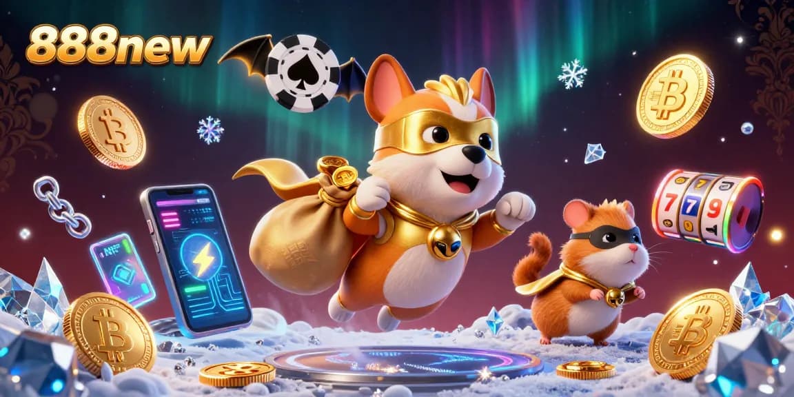 Join the fun at 888new with a superhero dog and hamster flying through a vibrant casino scene.