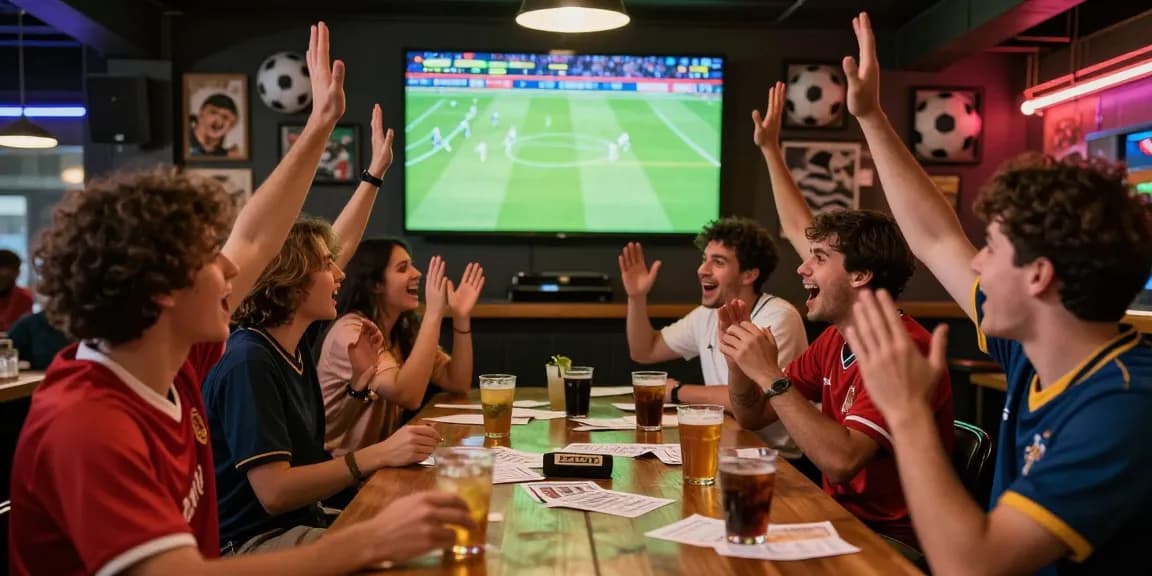 Football Betting Malaysia scene with friends cheering for their teams in a vibrant sports bar.