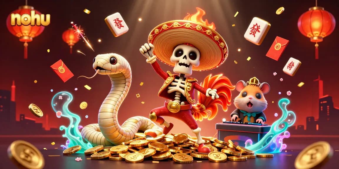 Experience nohu excitement with festive characters and vibrant elements in a lively casino scene.