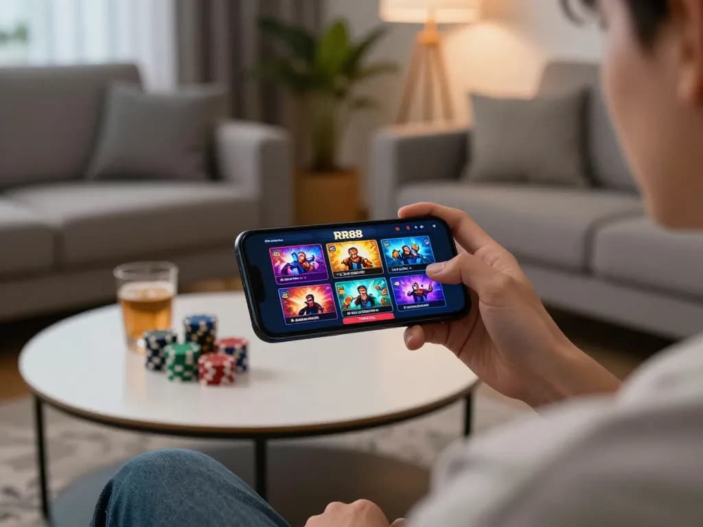 Engaging mobile gameplay on RR88 app within a stylish living room setting, showcasing the excitement of online gambling.