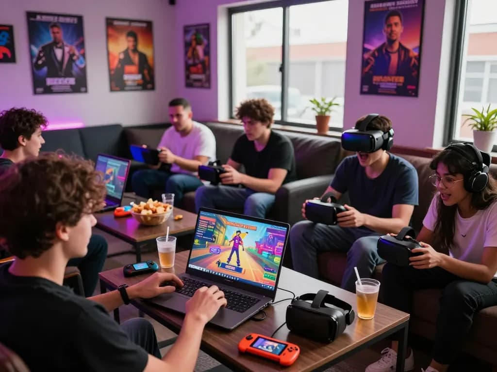 Players enjoying gay porn games in a vibrant gaming lounge setting, highlighting a fun and engaging atmosphere.
