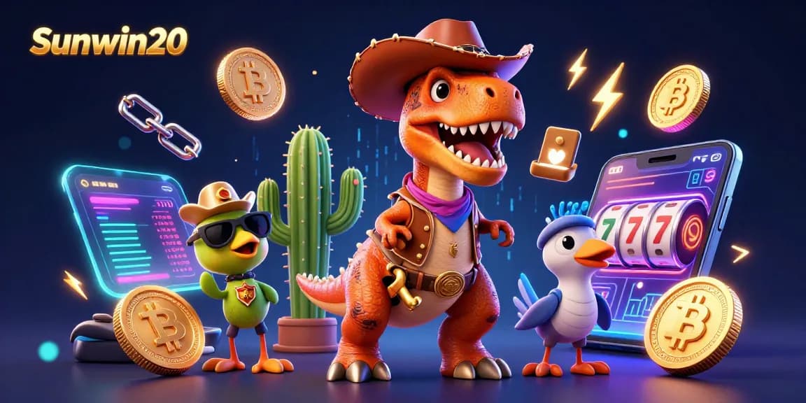 Engage with dynamic scenes of Sunwin20 featuring a cartoon dinosaur and crypto elements at a casino.