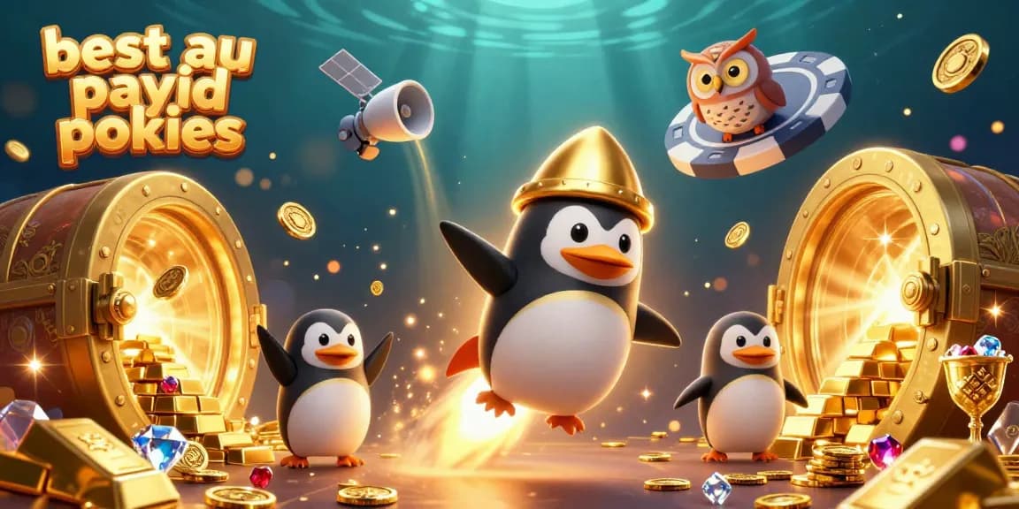 Win big with the best au payid pokies as a golden penguin flies to a casino chip station in this dynamic scene.