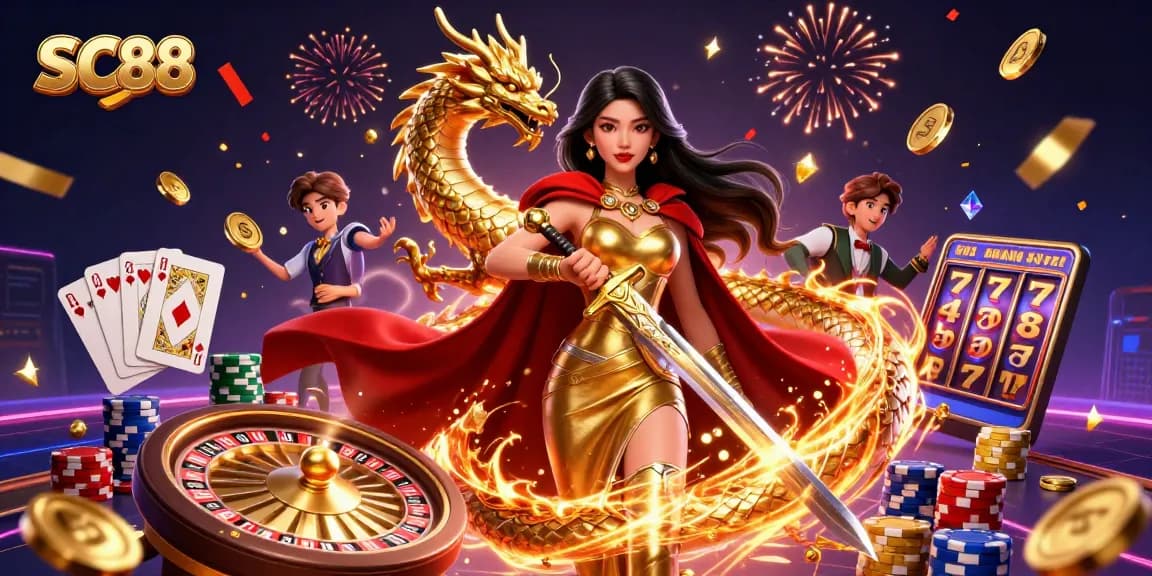 Experience excitement at SC88 with a stunning warrior queen and dynamic casino elements.