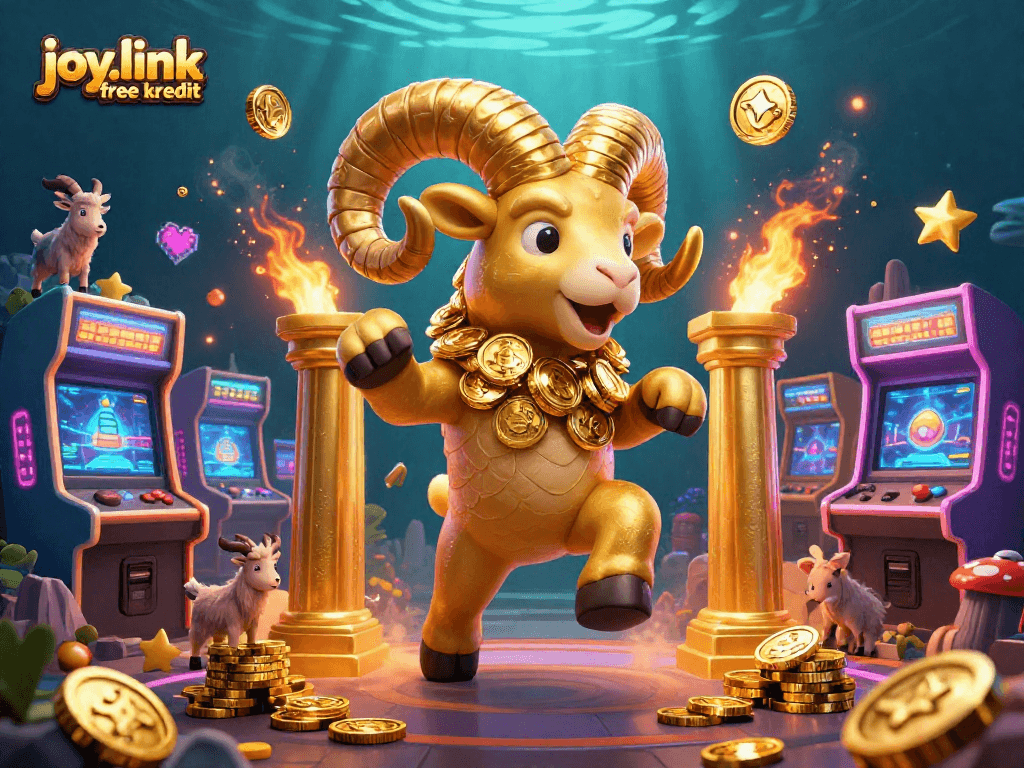 Experience the thrill of joy.link free kredit with our dynamic 3D casino-themed illustration, featuring a golden ram and arcade elements.