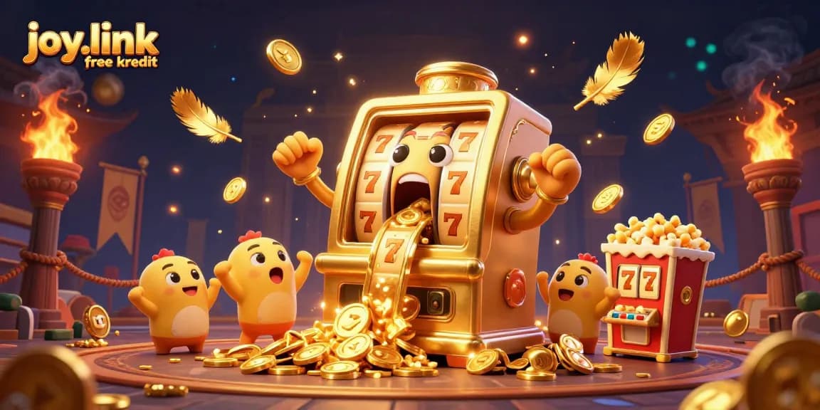 Experience joy.link free kredit with a dynamic scene of golden slot machines celebrating a jackpot win.