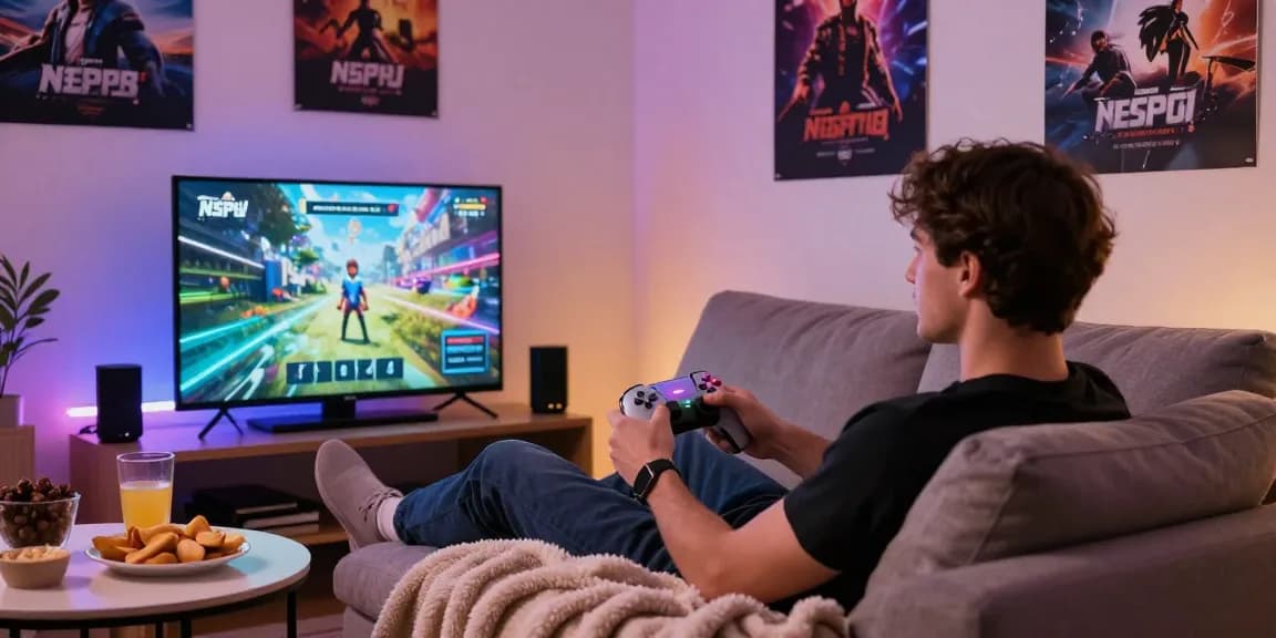 Engaged gamer enjoying an intense nsfw game moment in a cozy living room.