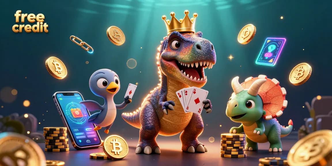 Experience free credit bonuses with playful characters at an exciting casino scene featuring poker cards and golden chips.