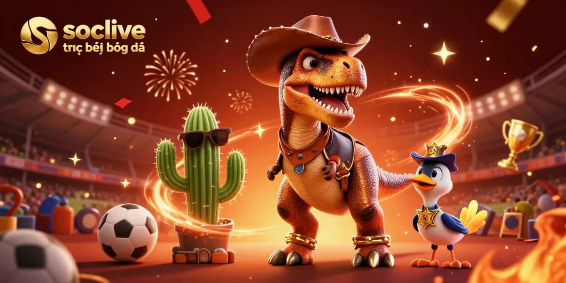 Engage in thrilling soccer matches with socolive trực tiếp bóng đá as a dinosaur cowboy and friends celebrate bets.