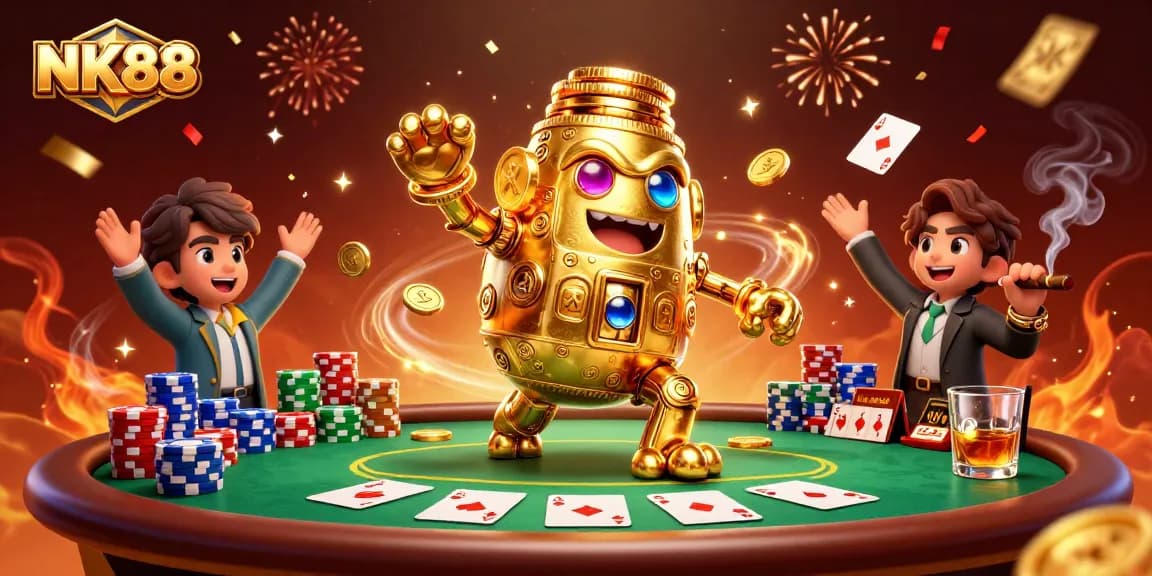 Experience the thrill of NK88 at a vibrant poker scene with a golden golem and winning cards!