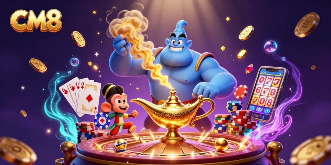 CM8's thrilling gaming scene with a genie, poker chips, and vibrant casino elements.