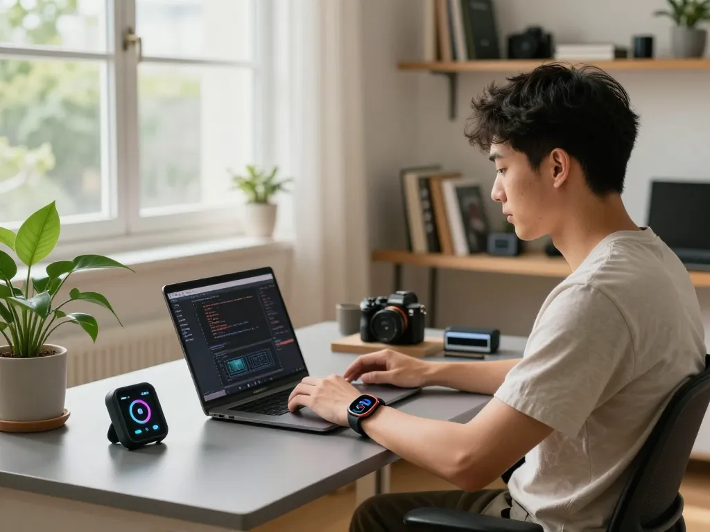 A young professional in a home office surrounded by must have tech gadgets, including Bluetooth devices for productivity and health monitoring.