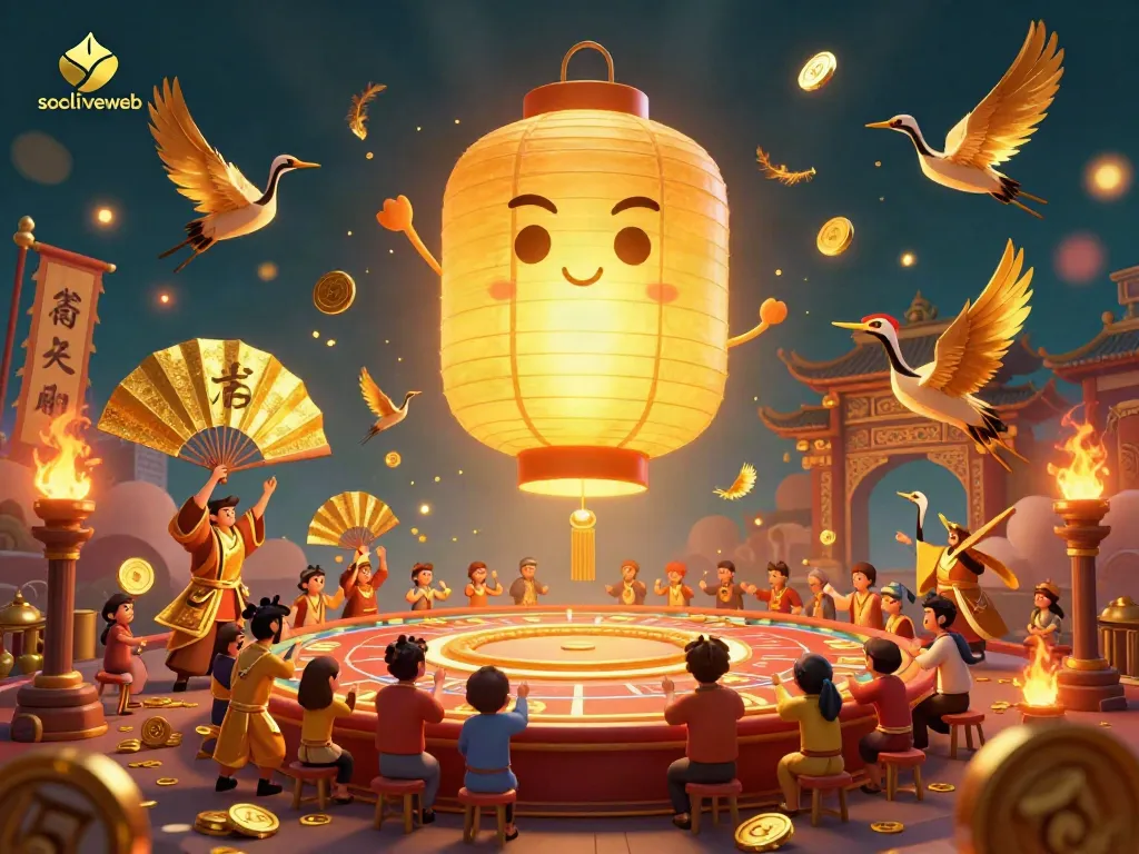 Socoliveweb highlights exciting sports betting action with a golden lantern spirit and paper fan warriors in a vibrant casino.