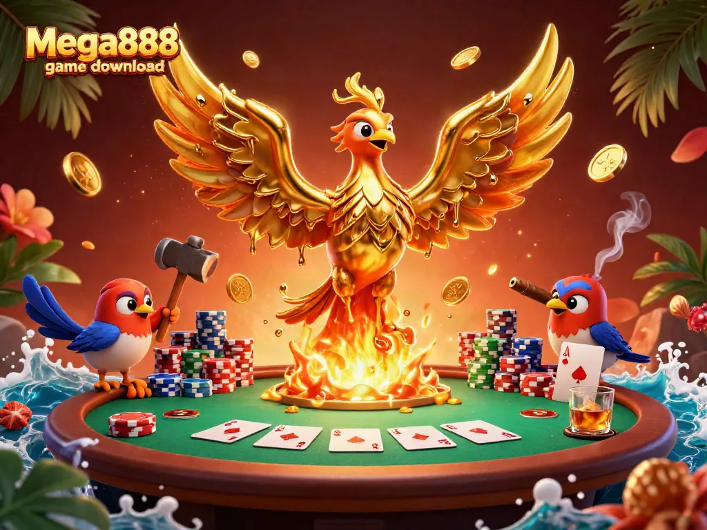 Experience the thrill of mega888 game download with a golden phoenix emerging triumphantly, symbolizing luck and fortune.