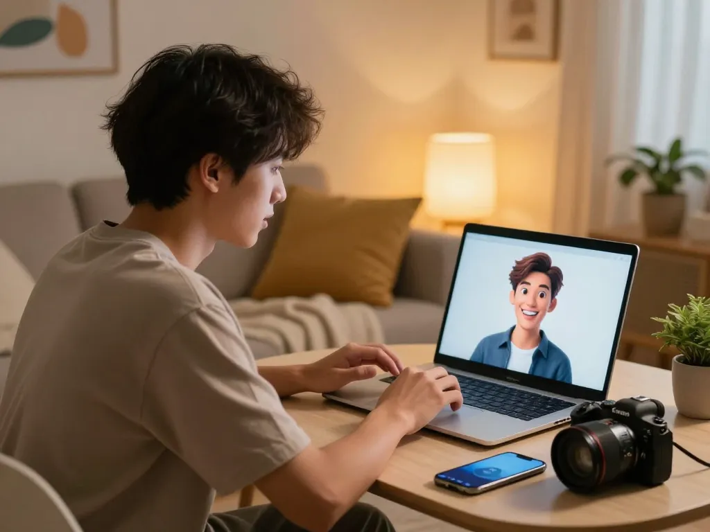 A young adult engaging in an ai sex chat with a friendly AI avatar in a cozy setting.