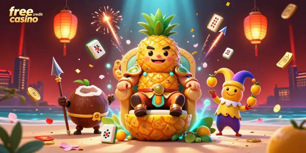 Engage in a vibrant free credit casino scene with a pineapple king and festive elements.