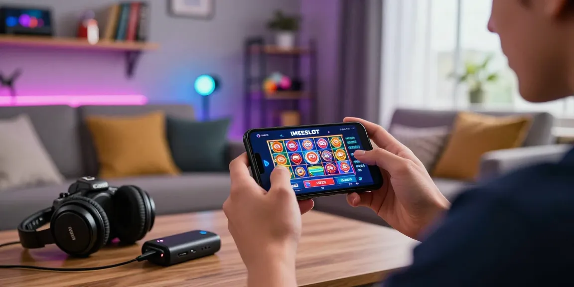 Pengguna IMEISLOT TECH bermain game slot online dengan smartphone dalam suasana modern dan nyaman.
