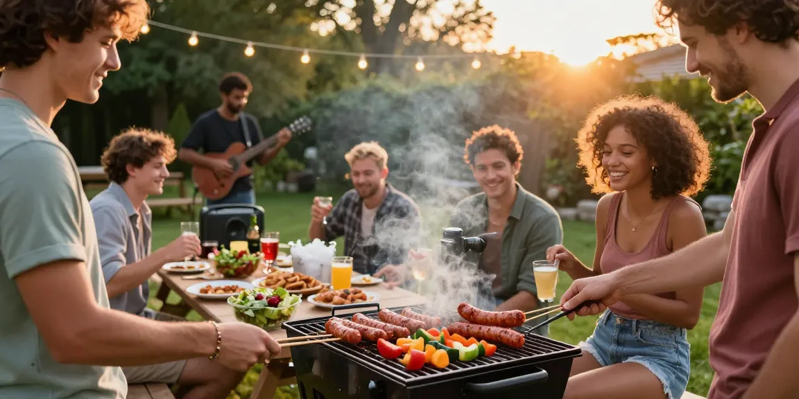 Friends grilling rokok88 sausages at a lively outdoor BBQ party.