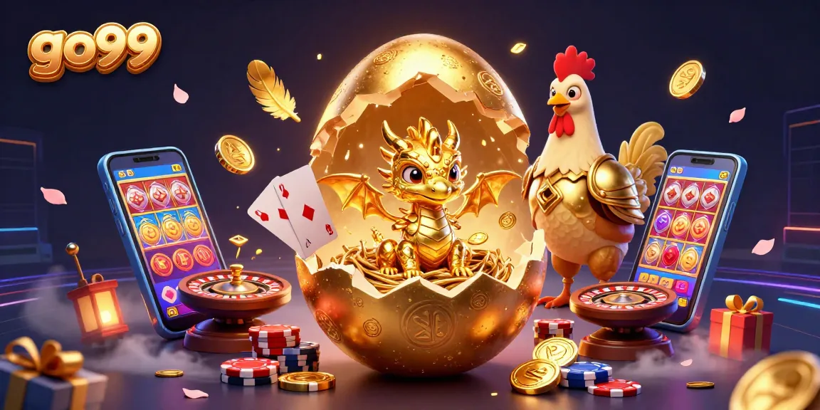 Engage with go99's vibrant online casino scene showcasing a golden dragon and poker chips.