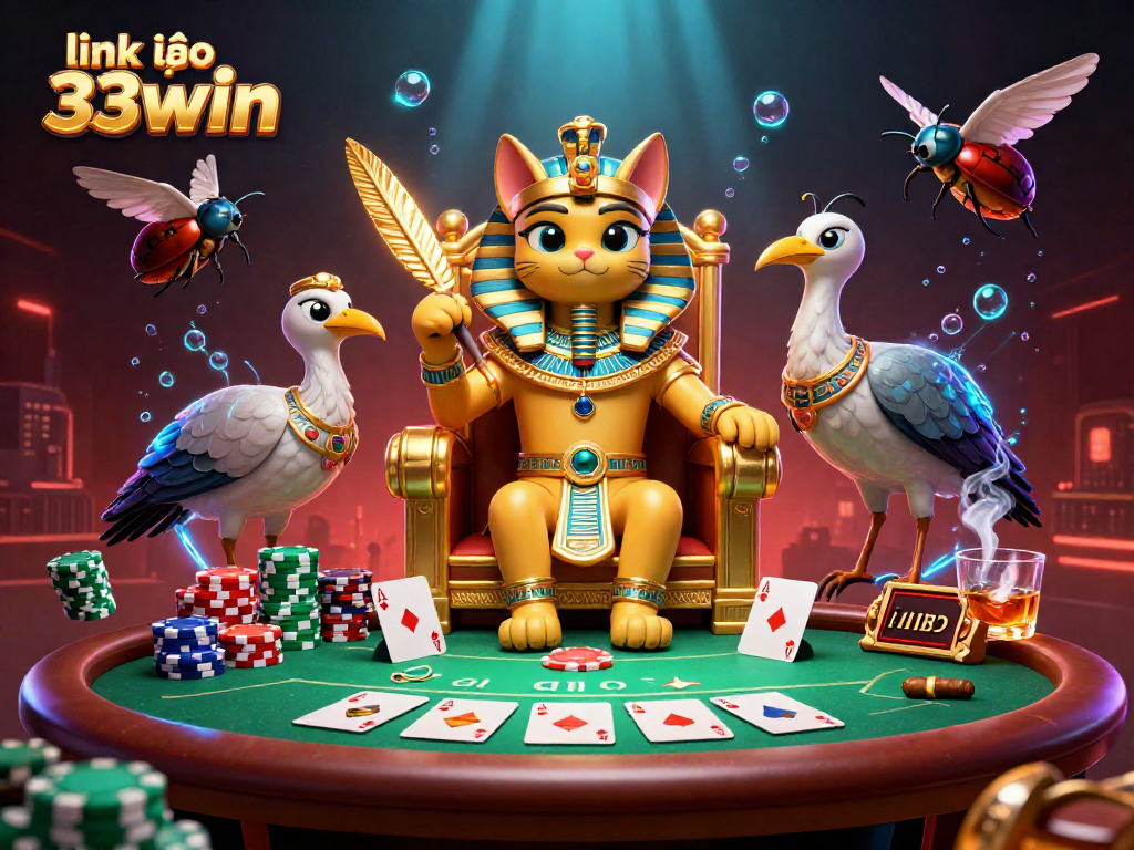 Link vào 33win captures an Egyptian pharaoh cat in a vibrant casino scene full of poker excitement.