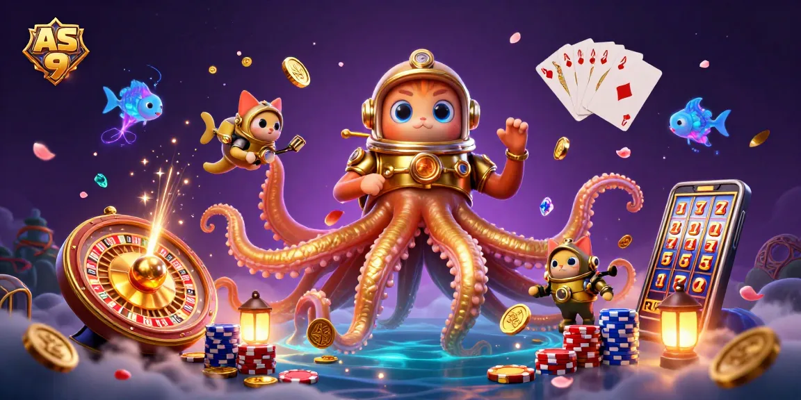 Spin the reels at AS 9, featuring a kraken, diving cat, and vibrant casino elements.