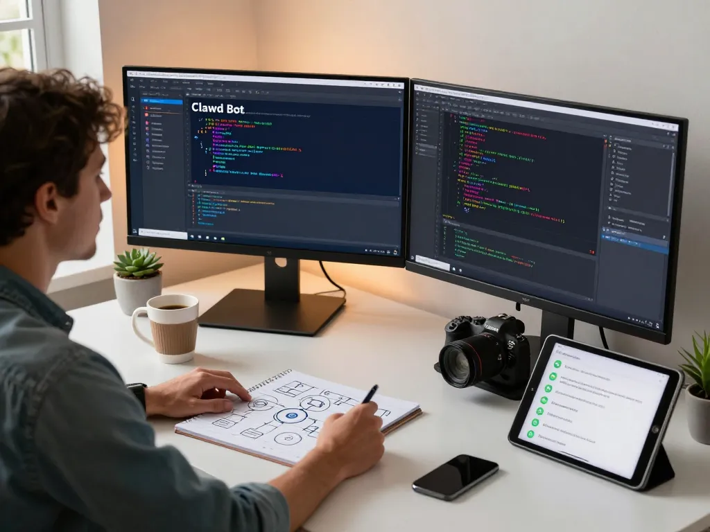 Clawd bot interface displayed on dual monitors in a modern workspace featuring a developer, coffee, and tech tools.