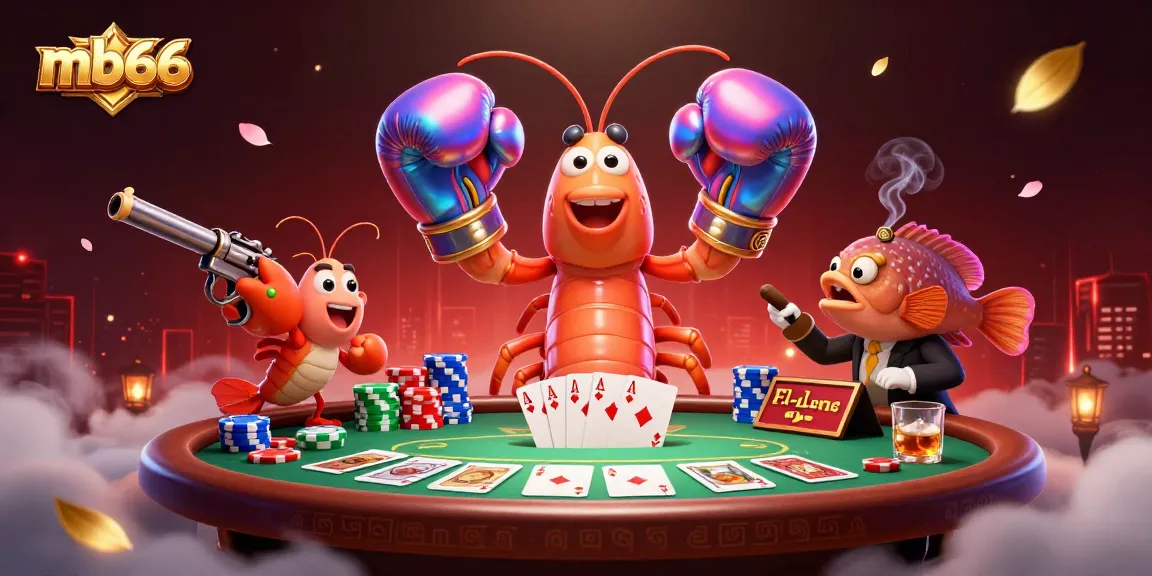 Experience thrilling poker action with mb66, featuring colorful poker chips and animated shrimp characters.