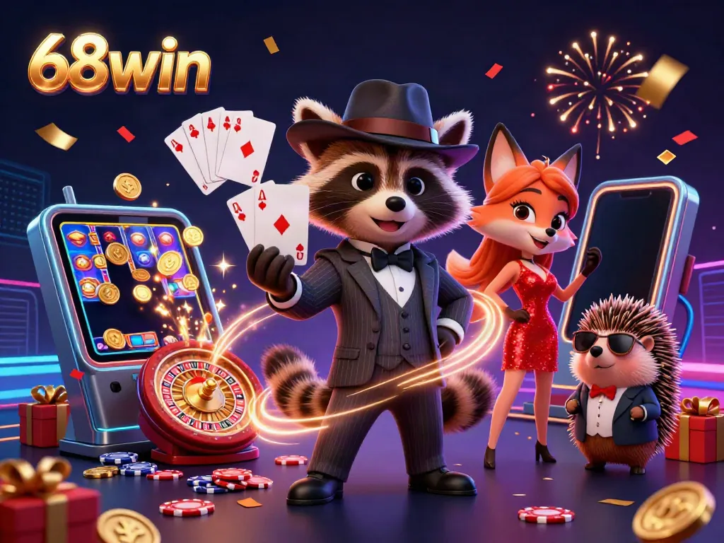Experience excitement at 68win with a suave raccoon, fox, and hedgehog in a vibrant casino scene.