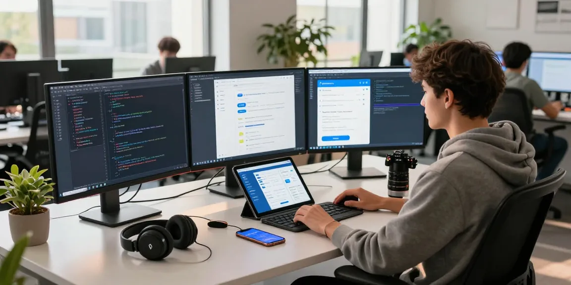 Engaging workspace scene illustrating a developer coding on Telegram网页版, showcasing multiple monitors and tech devices in a bright office.