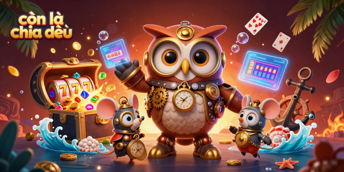 Engage in gameplay excitement with "còn lại chia đều" featuring steampunk owl and casino treasures.