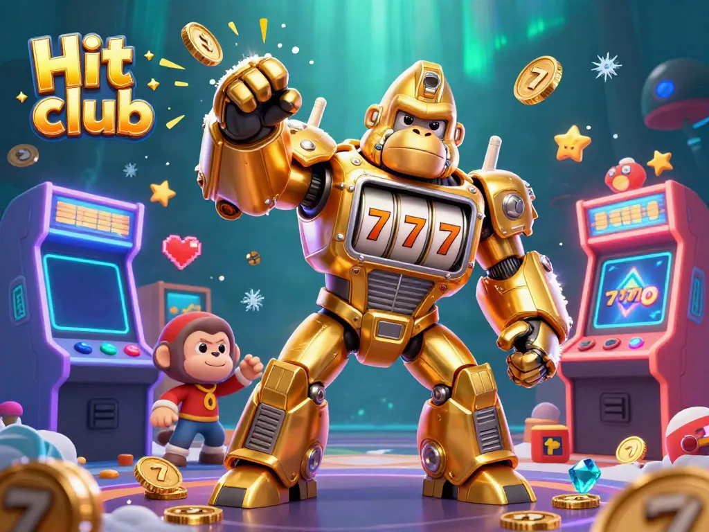 Experience thrilling action at Hit club with a golden mechanized gorilla and animated casino elements bursting with excitement.