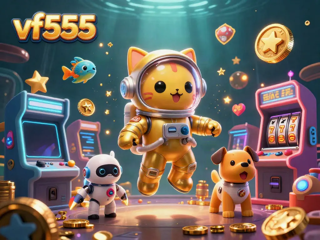 Experience gaming thrills with vf555 in a vibrant cosmic casino scene full of colorful arcade machines and exciting jackpots.