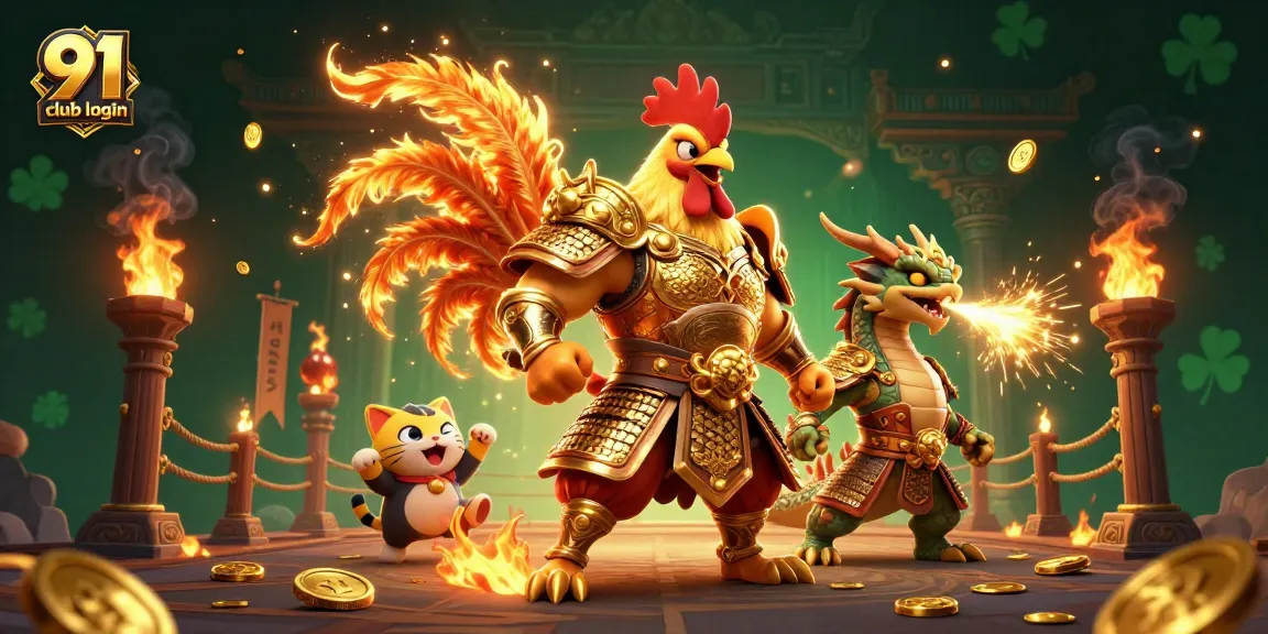 Engage with the thrilling 91 club login; battle alongside a mighty rooster and an armored dragon in a vibrant casino arena.
