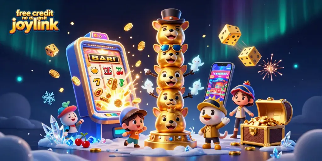 Claim your free credit no deposit joylink bonuses amidst a vibrant, dynamic casino scene filled with action and excitement.