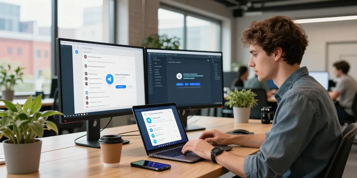 Engaging with Telegram Web in a modern workspace with dual monitors and a laptop.