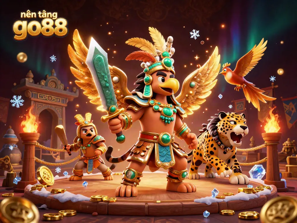 nền tảng go88 showcases dynamic Aztec warriors in a lively ancient-style casino setting.