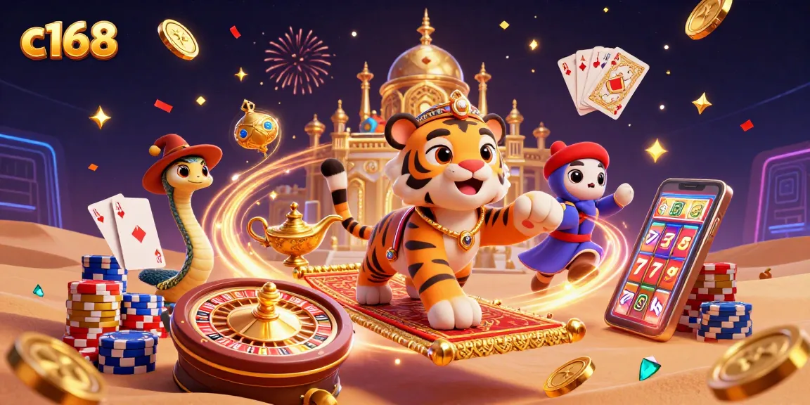 Experience exciting wins at c168's vibrant casino scene featuring a tiger sultan and magical elements.